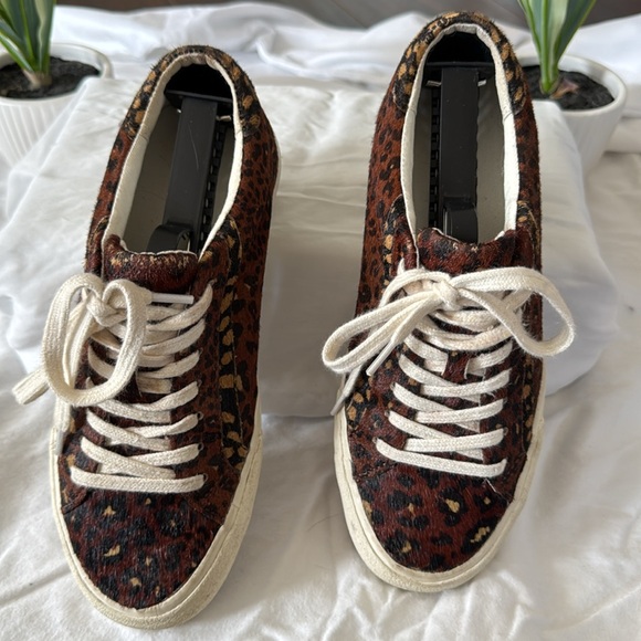Madewell Sidewalk Low Top Sneakers Painted Leopard Colorblock Calf Hair Size 6.5 - Picture 2 of 5